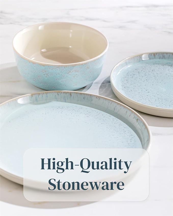 24 Piece Dinnerware Sets for 8 - Modern Style Stoneware Dinnerware Set - Microwave Safe Dinner Plates and Bowls Sets for 8, Ceramic Dish Set, Bowl and Plate Sets for 8, Beige Light Blue Set for 8…