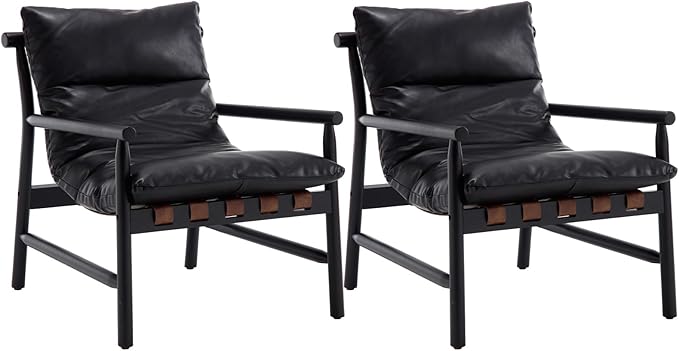 Modern Sling Accent Chairs Set of 2 - Black PU Leather Upholstered
