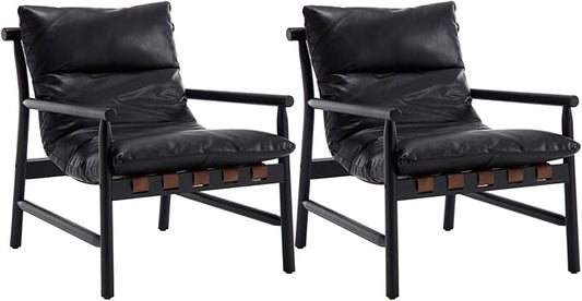 Modern Sling Accent Chairs Set of 2 - Black PU Leather Upholstered