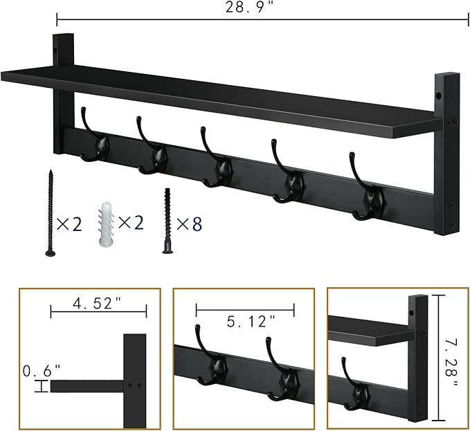 BAMEOS Wall-Mounted Shelf with Hooks - 28.9 Inch Entryway Hanging Shelf with 5 Dual Hooks for Bathroom, Living Room, Bedroom (Black)