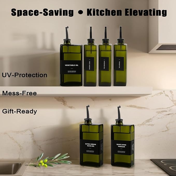 Olive Oil Dispenser Bottle for Kitchen 16.9oz, UV-Blocking Oil and Vinegar Dispenser Set, Soy Sauce Dispenser, Space Saving Design for Countertop (Green, 2pcs)
