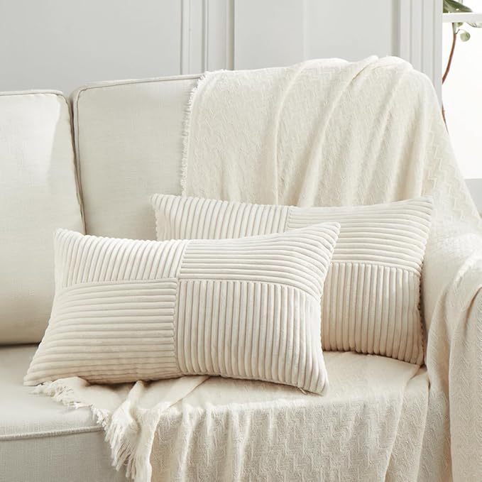 Fancy Homi 2 Packs Cream Lumbar Decorative Throw Pillow Covers 20x28 Inch for Living Room Couch Bed Sofa, Rustic Farmhouse Boho Home Decor, Soft Striped Corduroy Rectangle Accent Cushion Case 50x70 cm