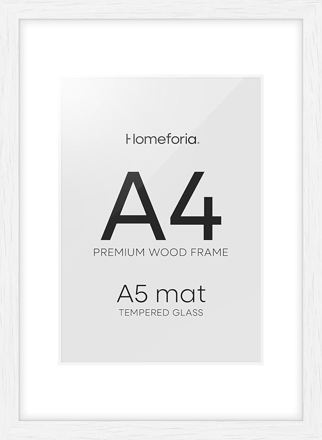 Homeforia A4 Picture Frame White Wood, High-End Oak 8.3 x 11.7 White Poster Frames Matted to 5.8 by 8.3 Photo, 8.3x11.7 Size Wooden Frame with Mat for 5.8x8.3 Print, Tempered Glass, Wall Kit, Set of 1