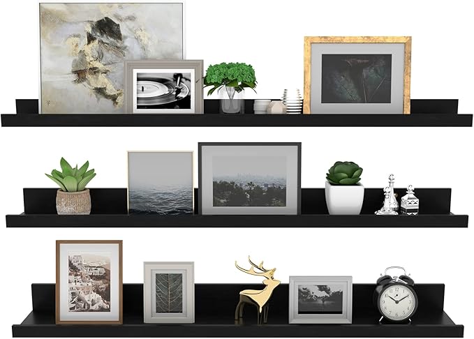 Giftgarden 36 Inch Black Floating Shelves for Wall Woodgrain Picture Ledge Large Photo Shelf for Bedroom Living Room Kitchen Bathroom Storage Shelving, Set of 3 Different Sizes