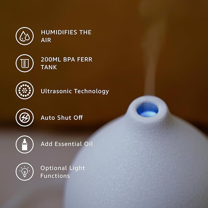 200ML Ceramic Essential Oil Diffuser - Ultrasonic Aromatherapy & Humidifier with 7-Color LED Lights, Auto Shut-Off, White, 1H/3H/6H Timer | Scent for Home,Office,Yoga