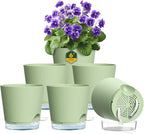 6 inch Self Watering Pots for Indoor Outdoor Plants, 6 Pack Flower Plant Pots with Drainage Holes and Clear Reservoirs, Visible Water Level, Plastic Planters with Wicking Rope, Green