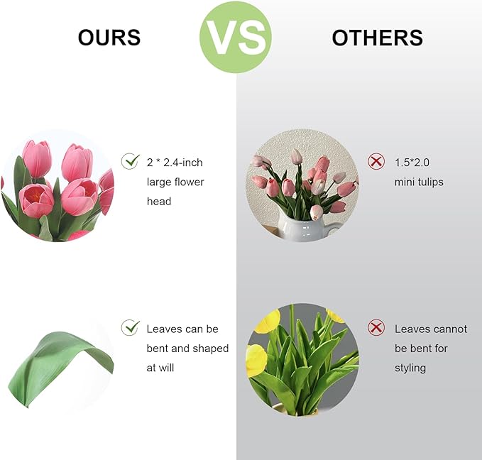 Pink Artificial Tulips, 2 Bundles 14Pcs, Fake Tulips Artificial Flowers, 2 x 2.4 Inch Large Flower Head Big Tulip, Easter Valentine's Day Mother's Day Home Decoration Flowers