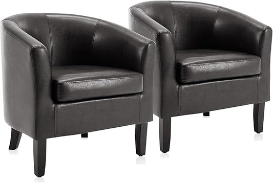 BELLEZE Accent Barrel Chair Set of 2, Linen Round Chair Club Tub Sofa Corner Chair with Flared Legs and Cozy Soft Padding for Living Room Bedroom Waiting Room - Brown