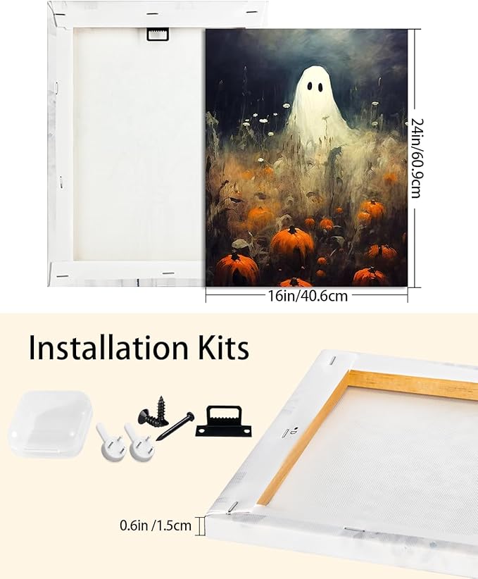 Halloween Canvas Wall Art, Spooky Ghost in Pumpkin Patch Poster, Vintage Gothic Fall Decor, Dark Academia Fall Decor for Living Room, Framed Indoor Halloween Decorations