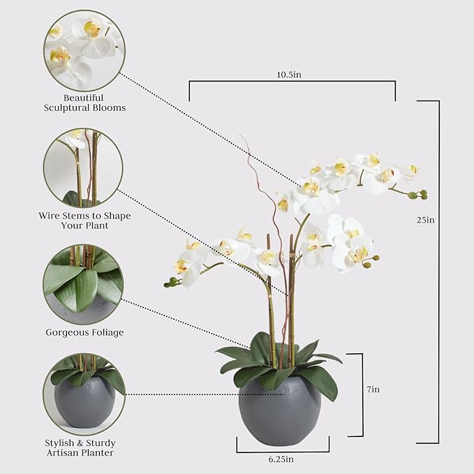 Faux White Orchid Plant, Premium Artificial Indoor Flower Display Stands 25-Inches with Beautiful Sculptural Blooms and Foliage That Lasts Forever, Grey Planter Pot Included