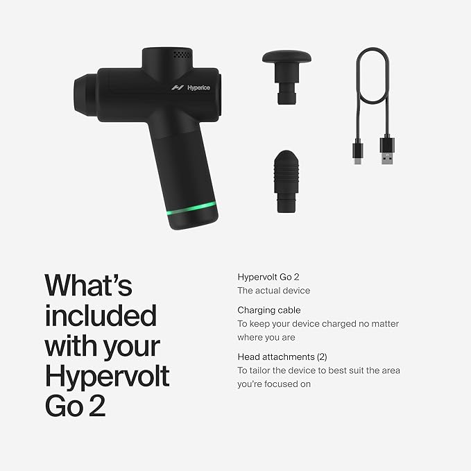 Hyperice Hypervolt Go 2 - Black - Featuring Quiet Glide Technology - Handheld Percussion Massage Gun - 3 Speeds, 2 Interchangeable Heads - Helps Relieve Sore Muscles and Stiffness - FSA-HSA Eligible