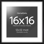 Homeforia 16x16 Black Wood Frame, High End Oak 16 x 16 Square Picture Frames with Mat 12 by 12 inches Photo, 16by16 Black Wooden Poster Frames Matted to 12x12 Print, Tempered Glass, Wall Kit, Set of 1