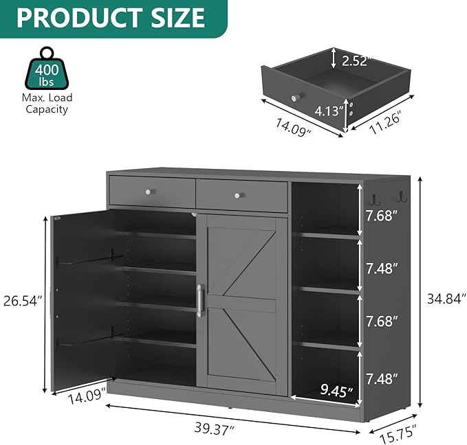 Loomie 5-Tier Shoe Cabinet with 4 Side Cubbies, Farmhouse Shoe Rack Cabinet with 6 Adjustable Shelves & 2 Drawers, Freestanding Shoe Storage Cabinet with 4 Brackets & 2 Hooks for Entryway (Black)