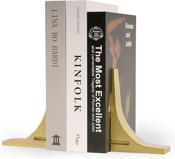 Ambipolar Gold Cast Iron Bookends, Sharp Triangle Theme, Decorative Bookends for Living Room, Office, Desktop, Bookshelves Decor, Bookends for Heavy Books