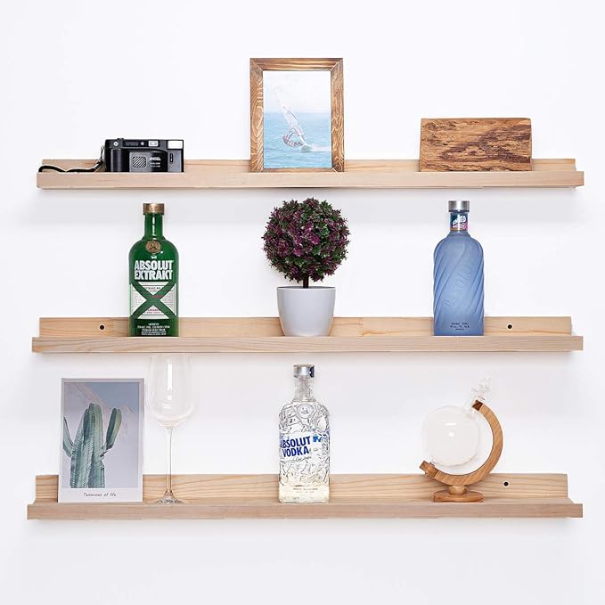AZSKY 48 Inch Large Wood Floating Shelves for Wall Set of 3, Rustic Natural Picture Ledge Shelf Decor for Bedroom Kitchen Bathroom Living Room Nursery Display, 3 Same Sizes
