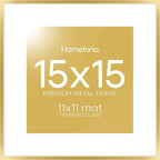 Homeforia 15x15 Picture Frame Gold, High End Metal 15 x 15 Square Poster Frame with Mat 11 x 11 Photo, 15x15 Frame Matted to 11x11 Print, 15by15 Gold Hanging Frames, Tempered Glass, Wall Kit, Set of 1