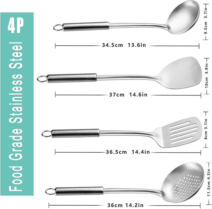 Pleafind 4-Pcs Cooking Utensils Set, Stainless Steel Kitchen Utensils, Wok Utensils Set Include Wok Ladle, Slotted Spoon, Wok Spatula and Slotted Spatula, Dishwasher Safe