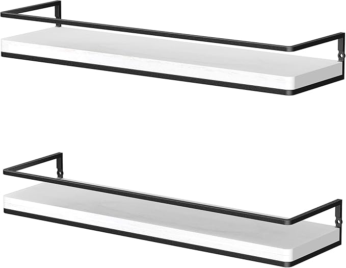 Meangood Floating Shelves Wall Mounted Set of 2, Rustic Wood Wall Storage Shelves for Bedroom,Living Room,Bathroom, Kitchen (White)