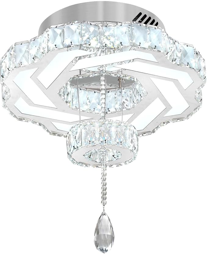 Flashing God 16 Inch Mini Chandelier Modern Crystal Chandeliers Light Semi Flush Mount Ceiling Light Fixture Small Silver Chandelier for Bedroom Hallway Kitchen Foyer