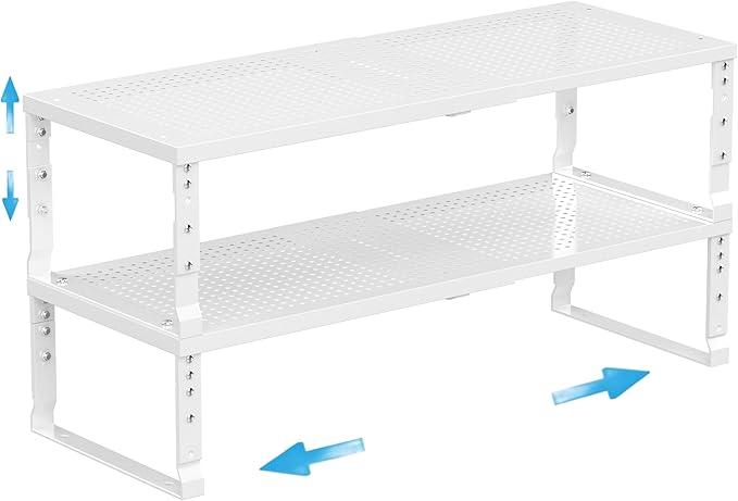 Expandable Spice Rack Kitchen Cabinet Shelf Organizer, Stackable Storage Shelves Racks, Adjustable Counter Shelving for Cabinets, Countertop, Cupboard,Pantry and More(2Packs/White/Large)