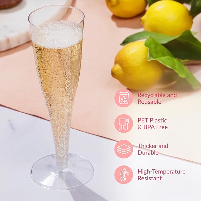 Prestee Set of 200 Plastic Champagne Flutes - Clear Champagne Glasses for Parties, Weddings, Events - 4.5 oz Disposable Drinkware - Elegant Stemware for Toasts Cocktails Mimosas
