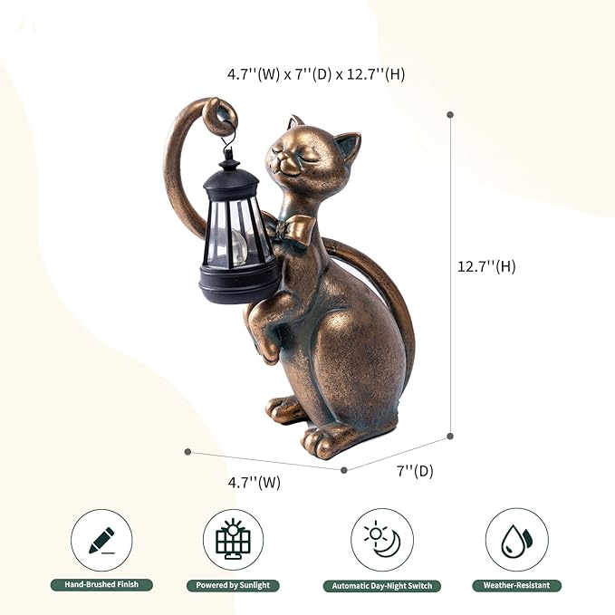 WHIMSYNOOK 10.7" Bronze Cat Solar Garden Statue Light – Cute Kitty Design, Bronze Finish, Solar-Powered LED, Outdoor Yard & Lawn Décor, for Cat Lovers, Mom, and Garden Enthusiasts
