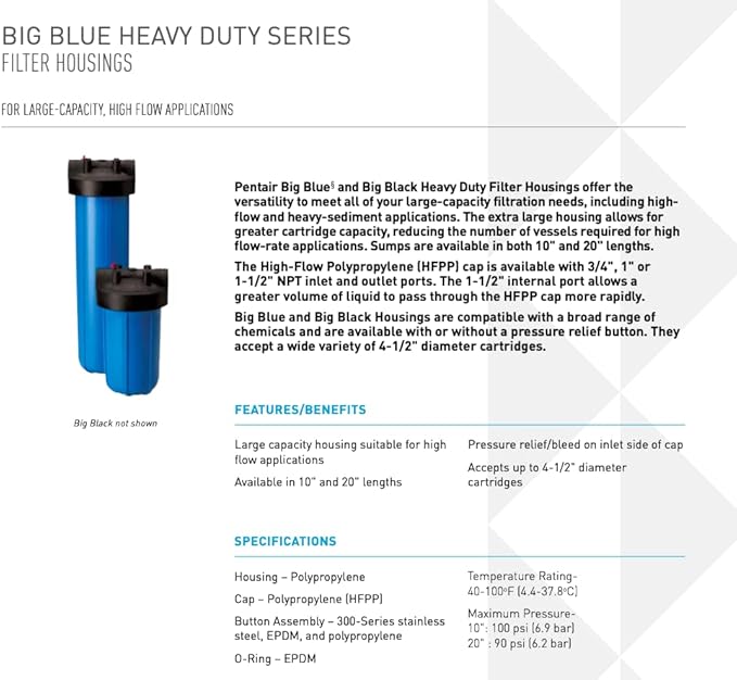 Pentair Pentek 150236 Big Blue Filter Housing, 1 1/2" NPT #20 Whole House Heavy Duty Water Filter Housing with High-Flow Polypropylene (HFPP) Cap, 20-Inch, Black/Blue