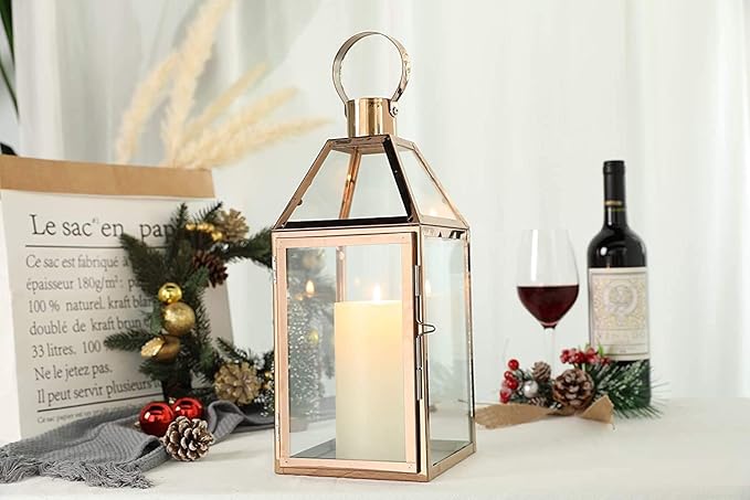 JHY Design Rose Gold Decorative Lanterns 16 inch High Stainless Steel Candle Lanterns with Tempered Glass for Indoor Outdoor Events Parities and Weddings