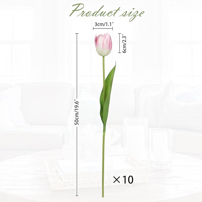 Artificial Tulips Flowers – 20" Long Stem Faux Tulips, 10PCS Real Touch Fake Pink Tulip for Vase, Farmhouse, Kitchen, Spring & Wedding Home Decor