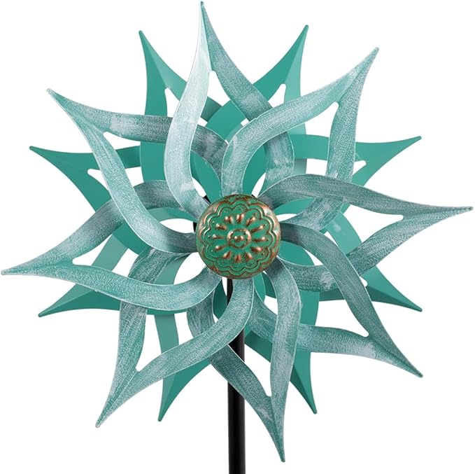 Viveta Metal Wind Spinners,53.5" Kinetic Wind Sculptures,Green Garden Pinwheels Double Layer Windmill for Outdoor Patio Lawn Yard