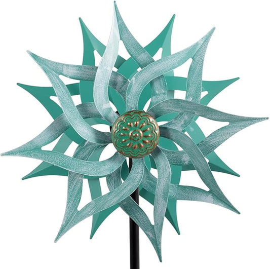Viveta Metal Wind Spinners,53.5" Kinetic Wind Sculptures,Green Garden Pinwheels Double Layer Windmill for Outdoor Patio Lawn Yard