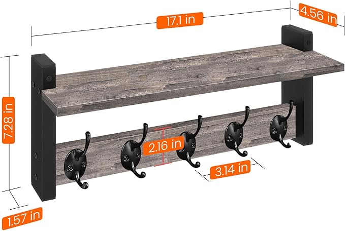 Homode Wall Hooks with Shelf, Coat Rack Wall Mount, Entryway Shelf with Hooks for Clothes, Backpack, Key, Purse - Rustic Grey