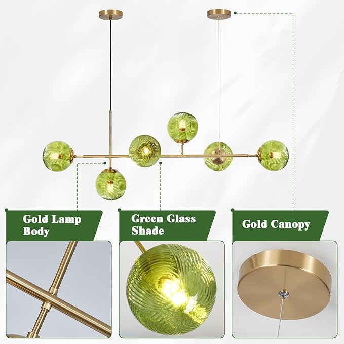 KCO Lighting 6 Green Glass Pendant Lights Kitchen Island Mid Century Modern Globe Sputnik Chandelier Brushed Gold Linear Island Light Fixture for Dining Room