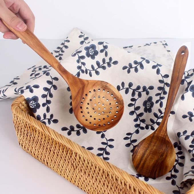 7 Pcs Acacia Wood Cooking Utensils Set Large Wooden Spoons for Cooking Spatula Salad Mixing Spoon Non Toxic Utensil for Kitchen Use Spatulas Non Stick Turner Slotted Serving Spoon Kitchen Utensils