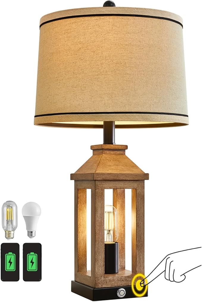 23.75" Farmhouse Table Lamps USB A+C Charging Ports 3-Way Dimmable Touch Control Lamp Nightlight Vintage Modern Lamp for Living Room Bedroom with 2 Light Sources