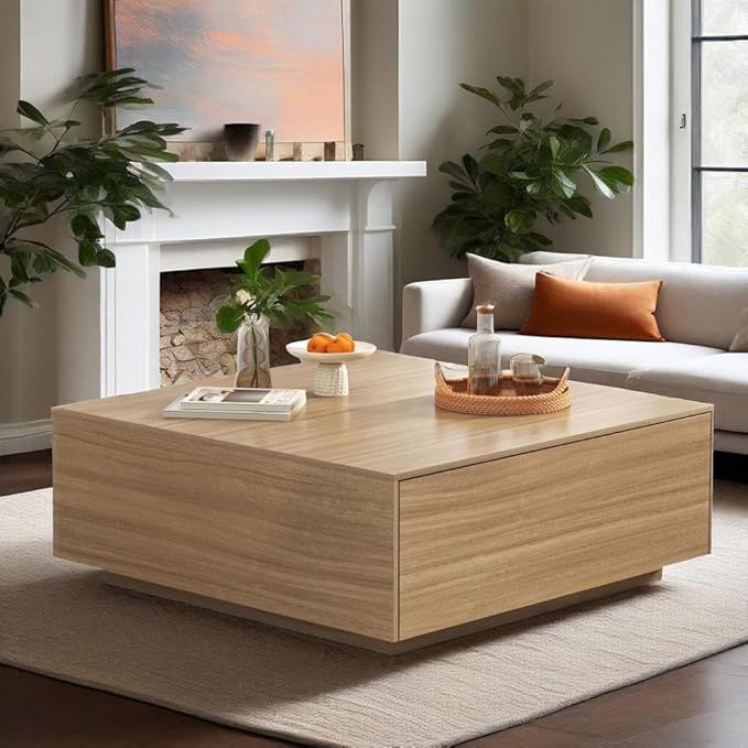 43” Square Coffee Table with Storage, 43" D x 43" W x 17" H Modern Large Square Center Table with 2 Drawers, Wood Coffee Table for Living Room, Light Brown,Bedroom,Light Brown