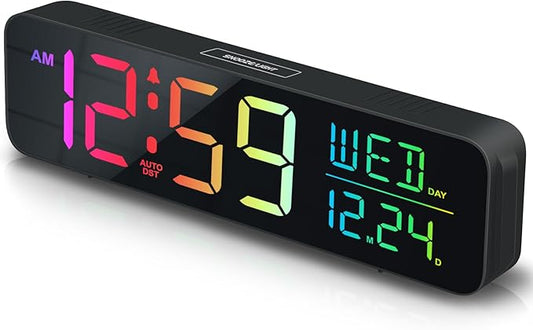 Peakeep Digital Alarm Clock for Bedrooms, Date Day of Week Large Display Numbers 6 Brightness Dimmer, 5 Volume Loud for Heavy Sleepers, 8 RGB Colors Electric Desk Clock Battery Backup, Auto DST
