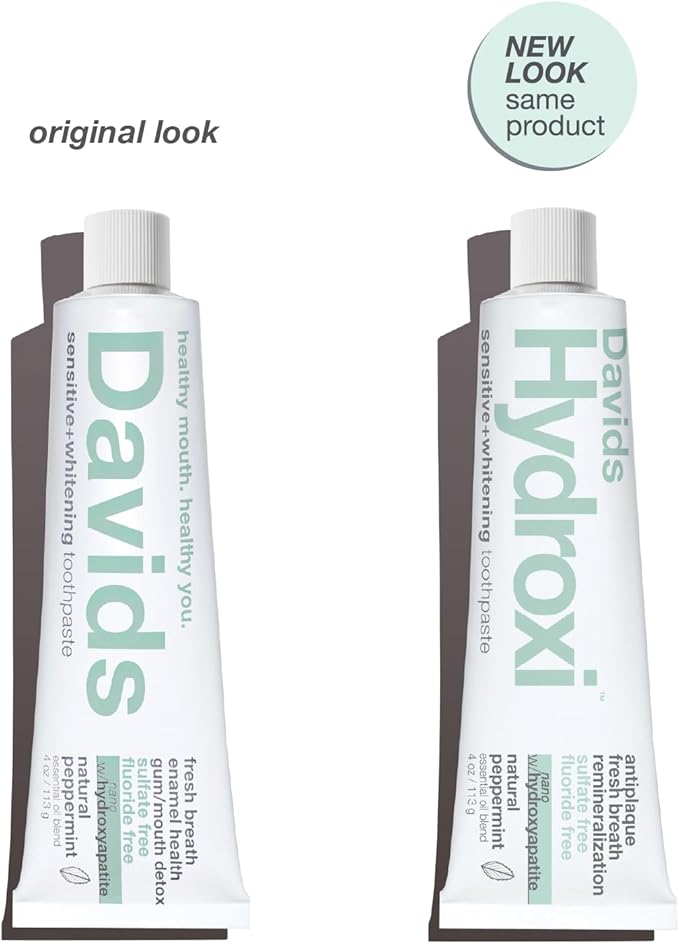 Davids Hydroxi™ Fluoride Free Nano Hydroxyapatite Toothpaste for Remineralizing Enamel & Sensitive Relief, Whitening, Antiplaque, SLS Free, Natural Peppermint, 4oz, Made in USA (3 Pack)