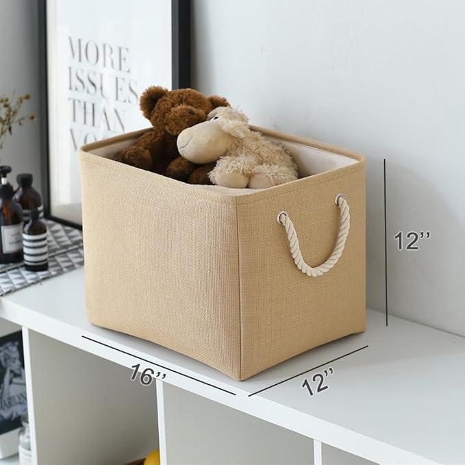 TheWarmHome Organization and Storage Basket for Organizing - 3 Pack 16x12x12 inch Cube Fabric Storage Cubes, Storage Bin for Shelves Gift Closet Organizer Cloth Toy (Beige)