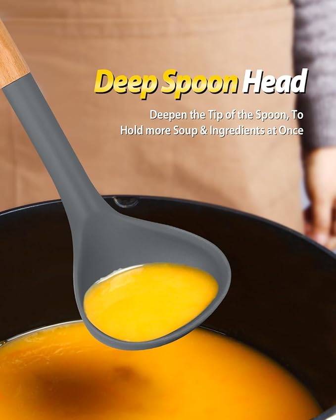 Silicone Pasta Fork and Ladle Spoon Set with Wooden Handle, Heat Resistant Non Stick Kitchen Utensils for Cooking, Stirring, Serving Spaghetti, Soup, Sauce(GRAY)