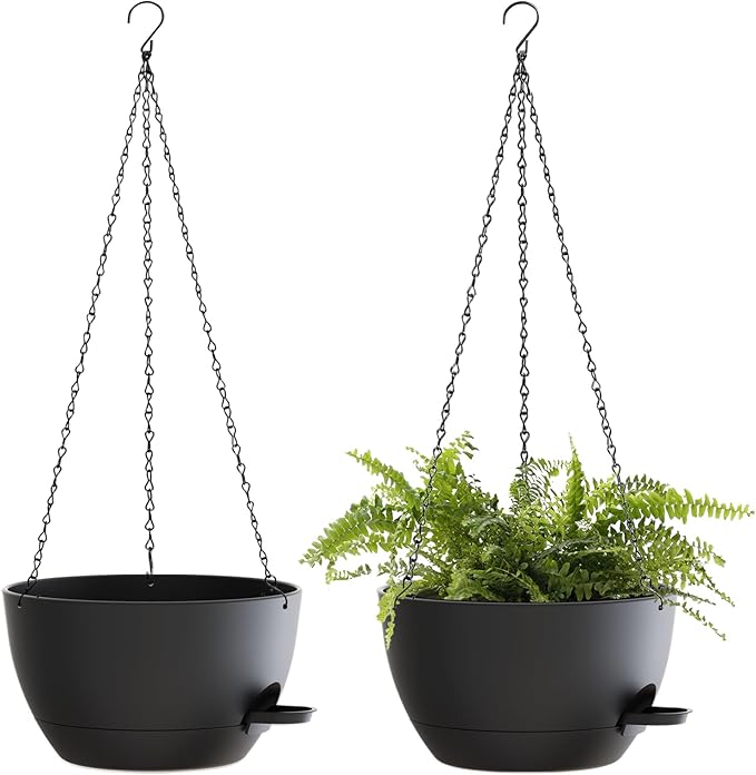 12 Inch Hanging Baskets 2 PC with Chains, Self-Watering Hanging Planters for Indoor Outdoor Plants, Plastic Hanging Flower Pots,Black