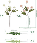 Faux White & Pink Kiku Flower, 10 Stems with 5 Heads Each & 4 Branches Eucalyptus Stems, Artificial Small Mini Chrysanthemum Flowers for Aesthetic Room Decor, Floral Arrangements Centerpiece