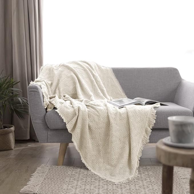 Simple&Opulence 100% Cotton Throw Blanket for Bed, Couch, Boho Luxury Geometric Knit Woven Blanket with Tassels Soft Lightweight Cozy Breathable, Vintage Farmhouse Decoration for All-Season(White)