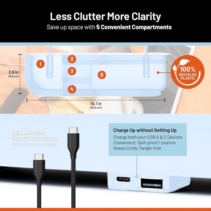 Squirrel-Bedside Perch, Floating Organizer with USB-C & A Charging Ports, Great Bedside Shelfie, Gift for teens and college freshman, for Gamers, Dorm room gifts. Assembly in 1 minute. Light Blue