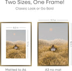 Homeforia A3 Picture Frame Bronze, High End Metal 11.7 x 16.5 inch Brass Poster Frames with Mat 8.3 by 11.7 Print, A3 Size Frames Matted to A4 Photo, 11.7by16.5 Hanging Frame, Tempered Glass, Set of 1
