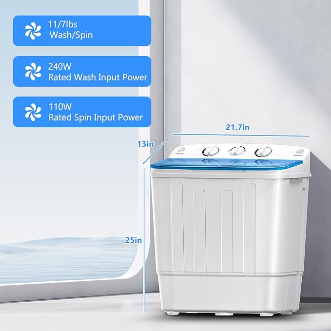 Portable Mini Twin Tub 18lbs Washing Machine With Drying Rack& 10 Hangers, 11lbs Washer & 7lbs Spinner, Small Laundry Washer with Time Control for Camping, Apartments, RV (18lbsBlue)