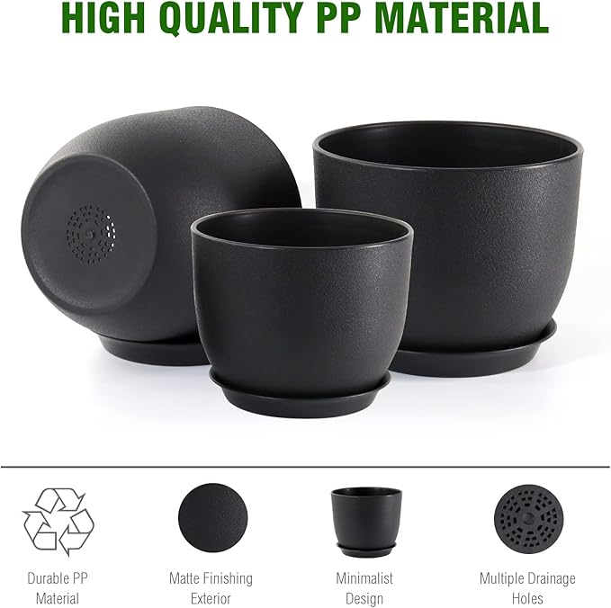 10/9/8 inch Medium Plant Pots, 3 Pack Modern Decorative Plastic Planters with Drainage Holes and Saucers, Flower Pots for Indoor Outdoor Plants, Black
