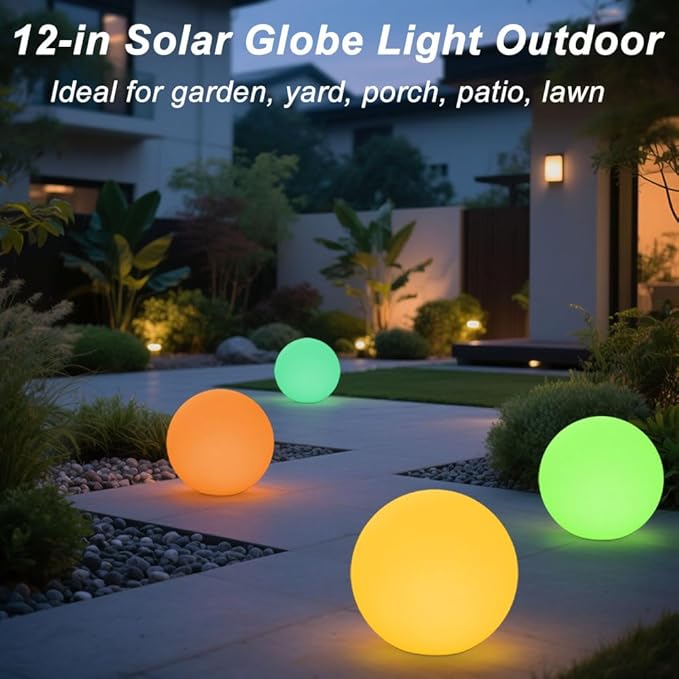 12 Inch Solar Glowing Ball Light Outdoor, Solar Garden Globe Light w/Remote, RGB Color Changing Waterproof Large LED Orb Lights, Landscape Lighting Mood Lamp w/Ground Stake for Patio Yard Lawn Path