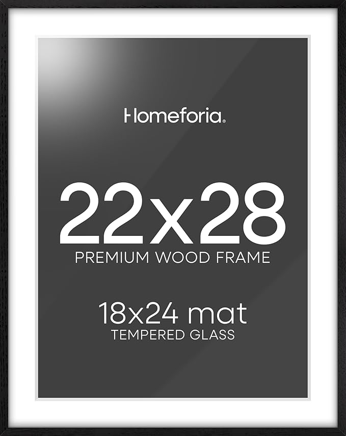 Homeforia 22x28 Poster Frame Black, High End Oak Wooden Picture Frame 22x28 with Mat 18x24, Tempered Glass, Wall Hook Included, Set of 1