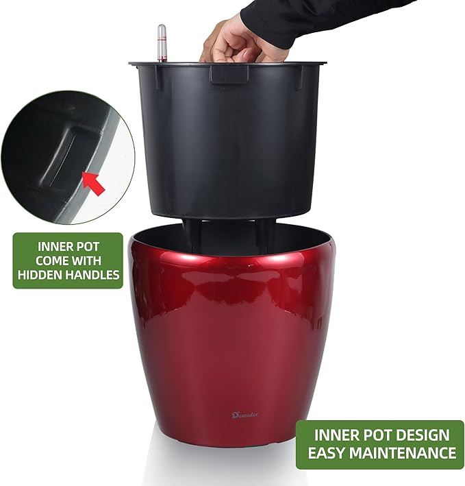 Dexceder 11x10 Inches High Gloss Self Watering Planter Indoor Outdoor, Inner Pot Design, Thickened Table Flower Plant Pot with Water Level Indicator (Red)